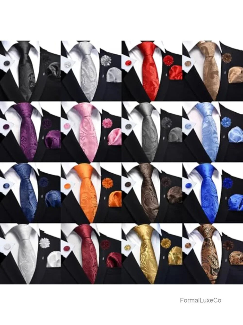 Paisley Tie Set with Cufflinks and Lapel Pin - Silk Blend, 4 Pieces